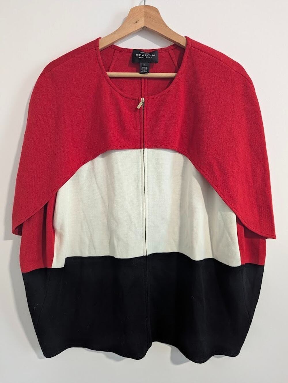 ST JOHN KNIT RED WHITE BLACK CAPE JACKET MILANO KNIT Size L Zip Front